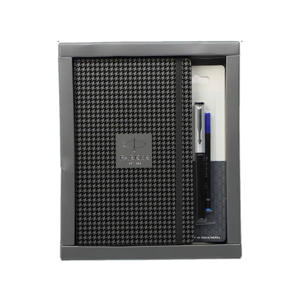 Parker Beta Premium Silver Roller Ball Pen with A5 Houndstooth Print Notebook