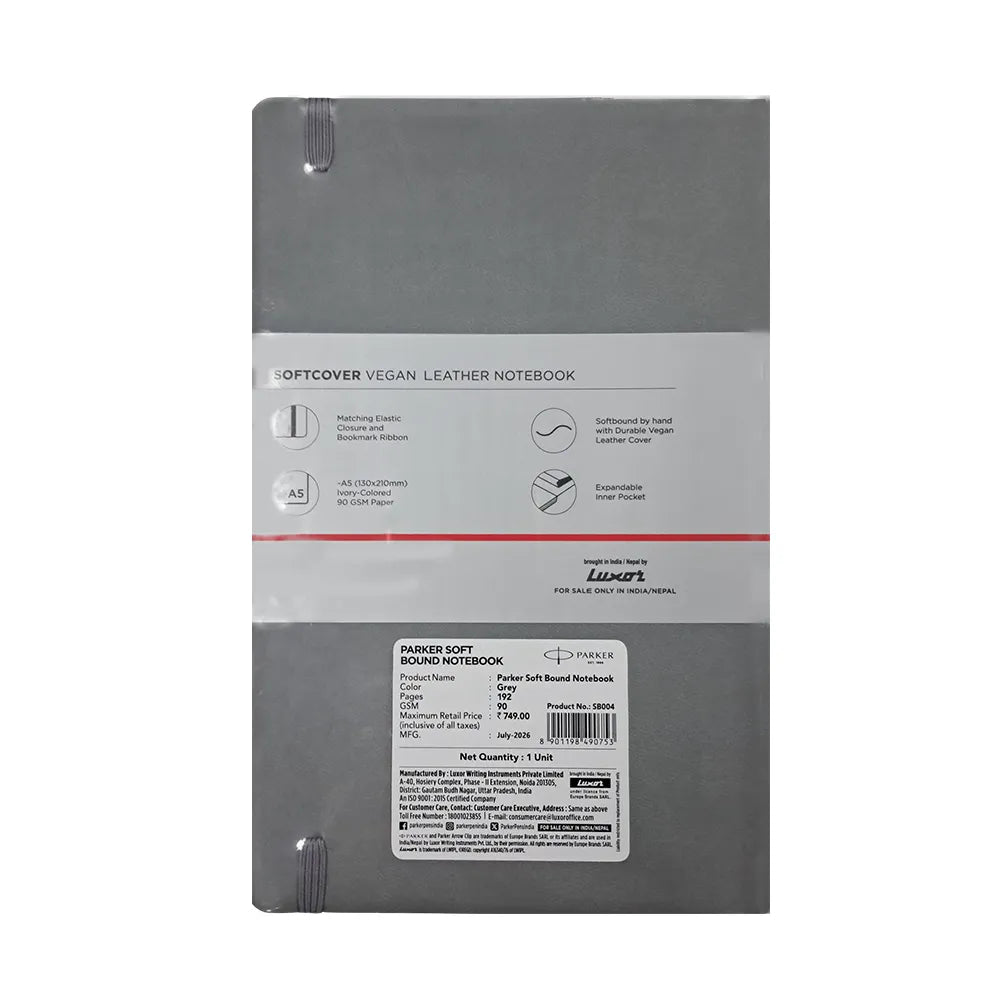 Parker Soft Bound Vegan Leather A5 192 Pages Notebook - Grey