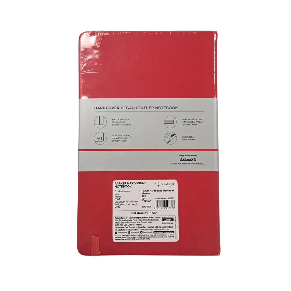 Parker Hardbound Vegan Leather A5 192 Pages Notebook - Maroon