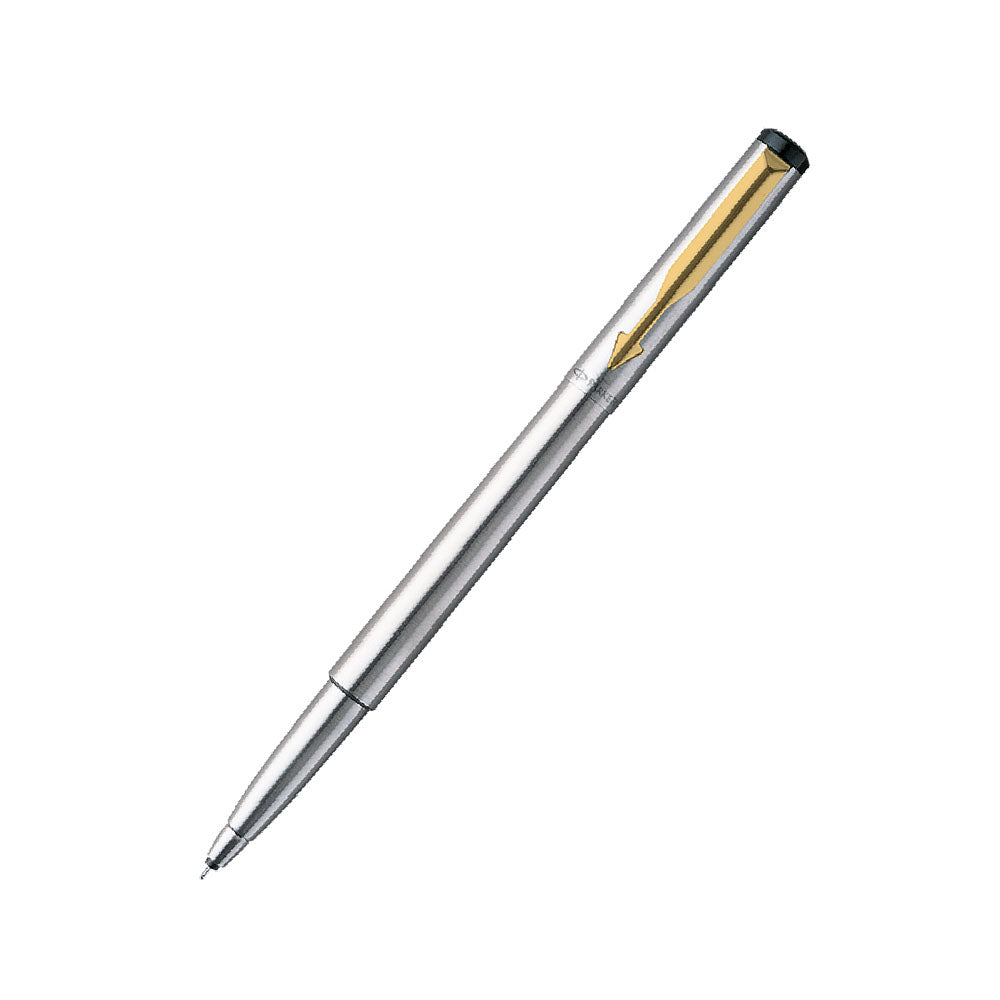 Parker Vector Stainless Steel GT Rollerball Pen with Card Holder (Free) Smooth stainless steel cap and barrel with Gold plated clip. Full steel body for extra durability. Supplied with standard roller ball refill with Ultrafine Navigator technology. Stainless Steel with Gold Plated Trim & Clip Body Material: Steel Cap on/off Executive leather finish visiting card holder. Easy and convenient to hold even the double type business cards. Free Card Holder inside Pack Tin Box Packing Made in India