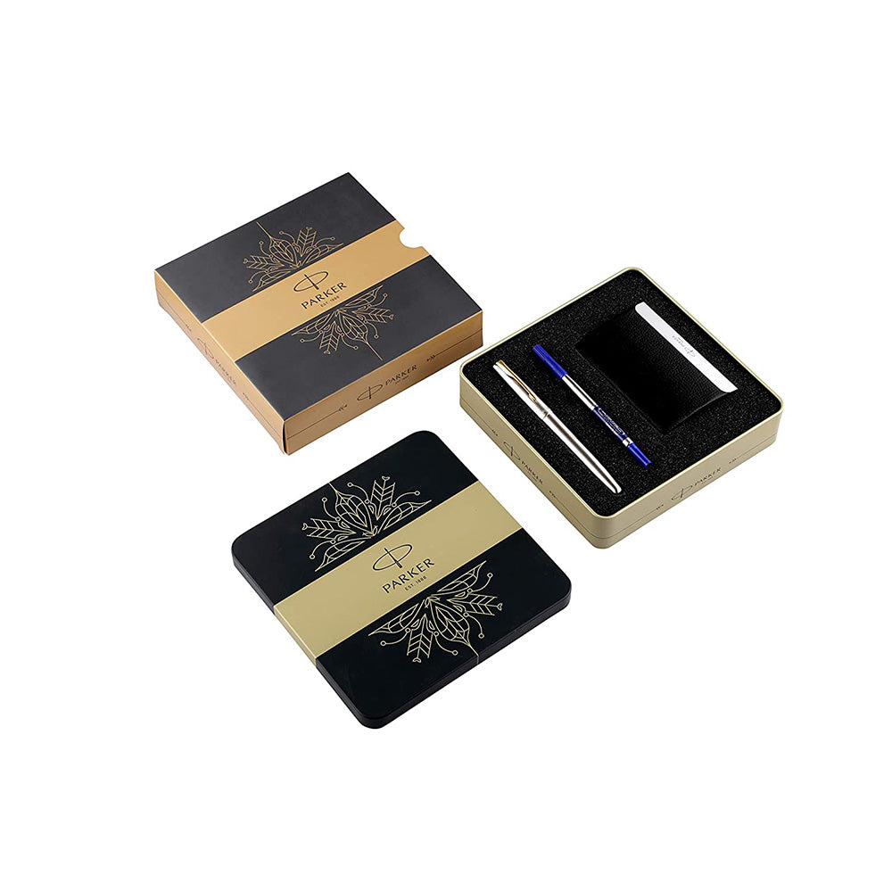 Parker Frontier Stainless Steel Gold Plated Trim Rollerball Pen with Card Holder