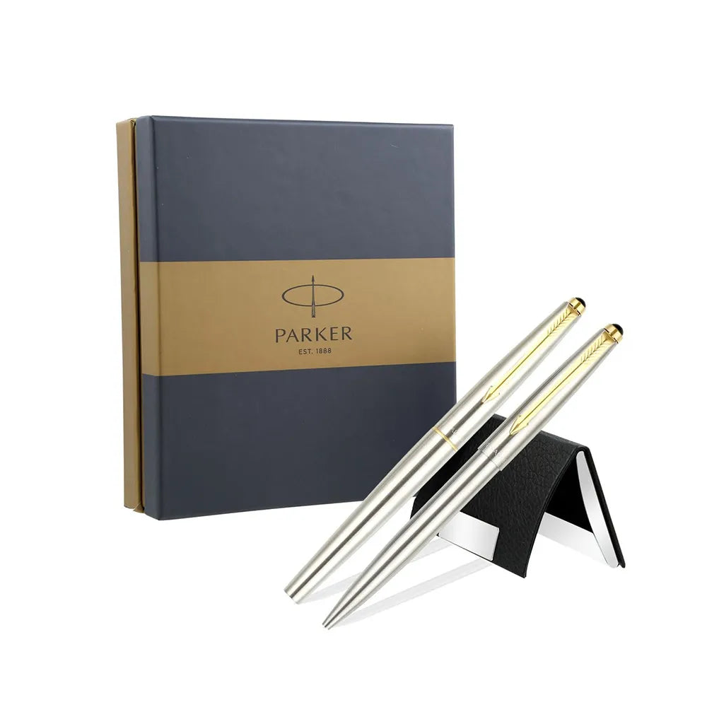 Parker Galaxy Stainless Steel GT Rollerball Pen + Ball Pen with Card Holder (Combo Pack)