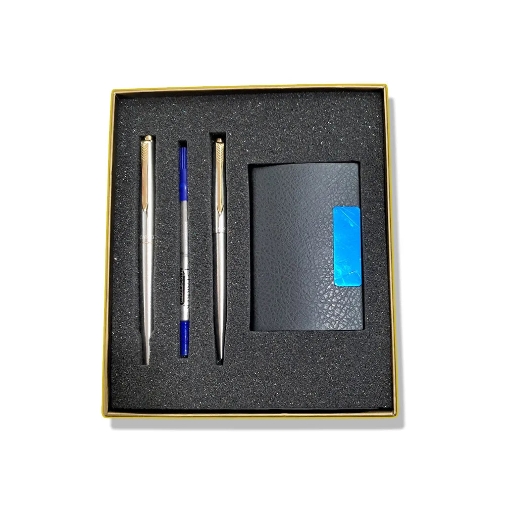 Parker Galaxy Stainless Steel GT Rollerball Pen + Ball Pen with Card Holder (Combo Pack)