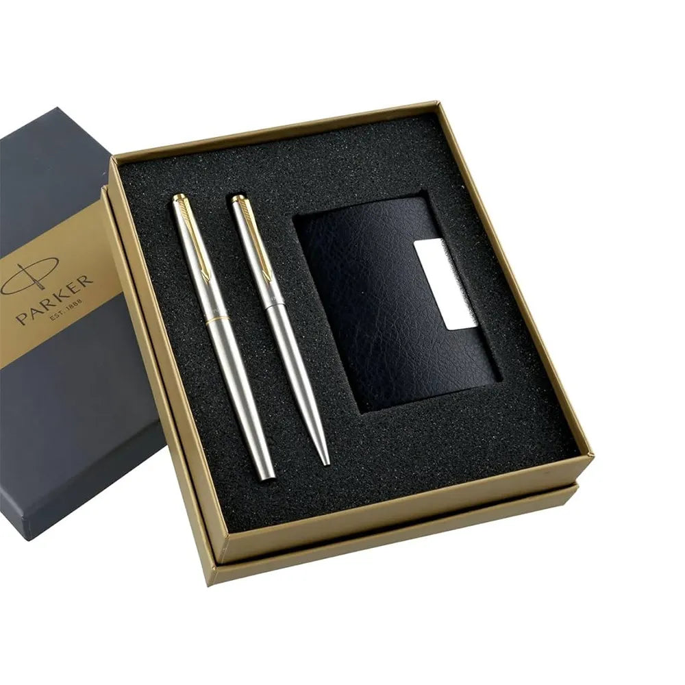Parker Galaxy Stainless Steel GT Rollerball Pen + Ball Pen with Card Holder (Combo Pack)