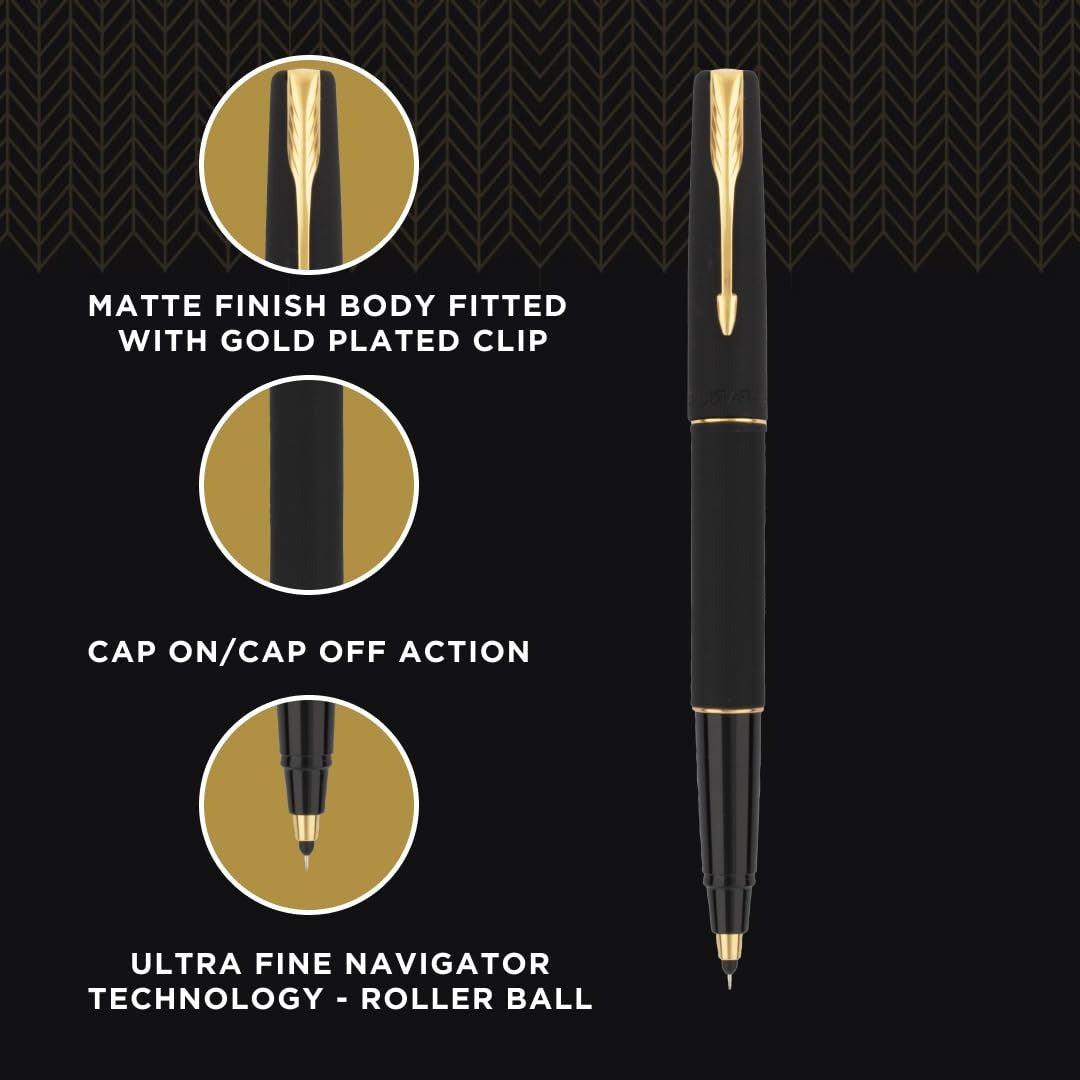 Parker Frontier Matte Black Gold Trim Rollerball Pen with Card Holder (Combo Pack)