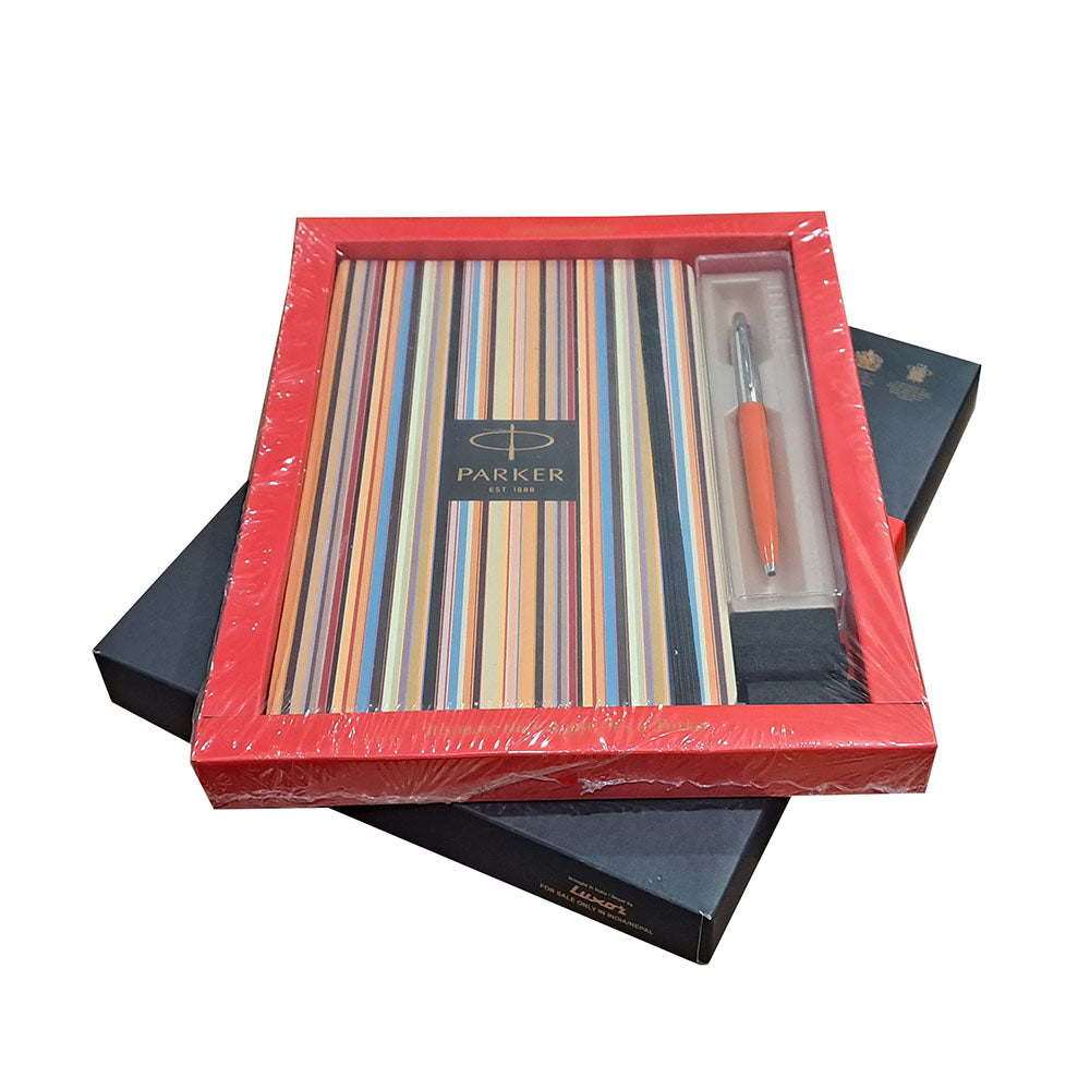 Parker Jotter Standard Orange CT Ball Pen with A5 Pin Stripe Notebook