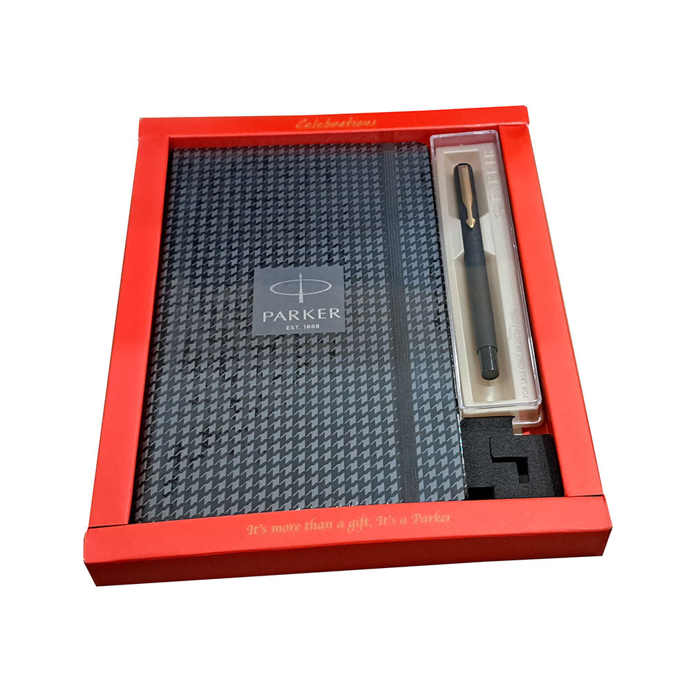 Parker Vector Matte Black GT Rollerball Pen with A5 Black Houndstooth Print Notebook