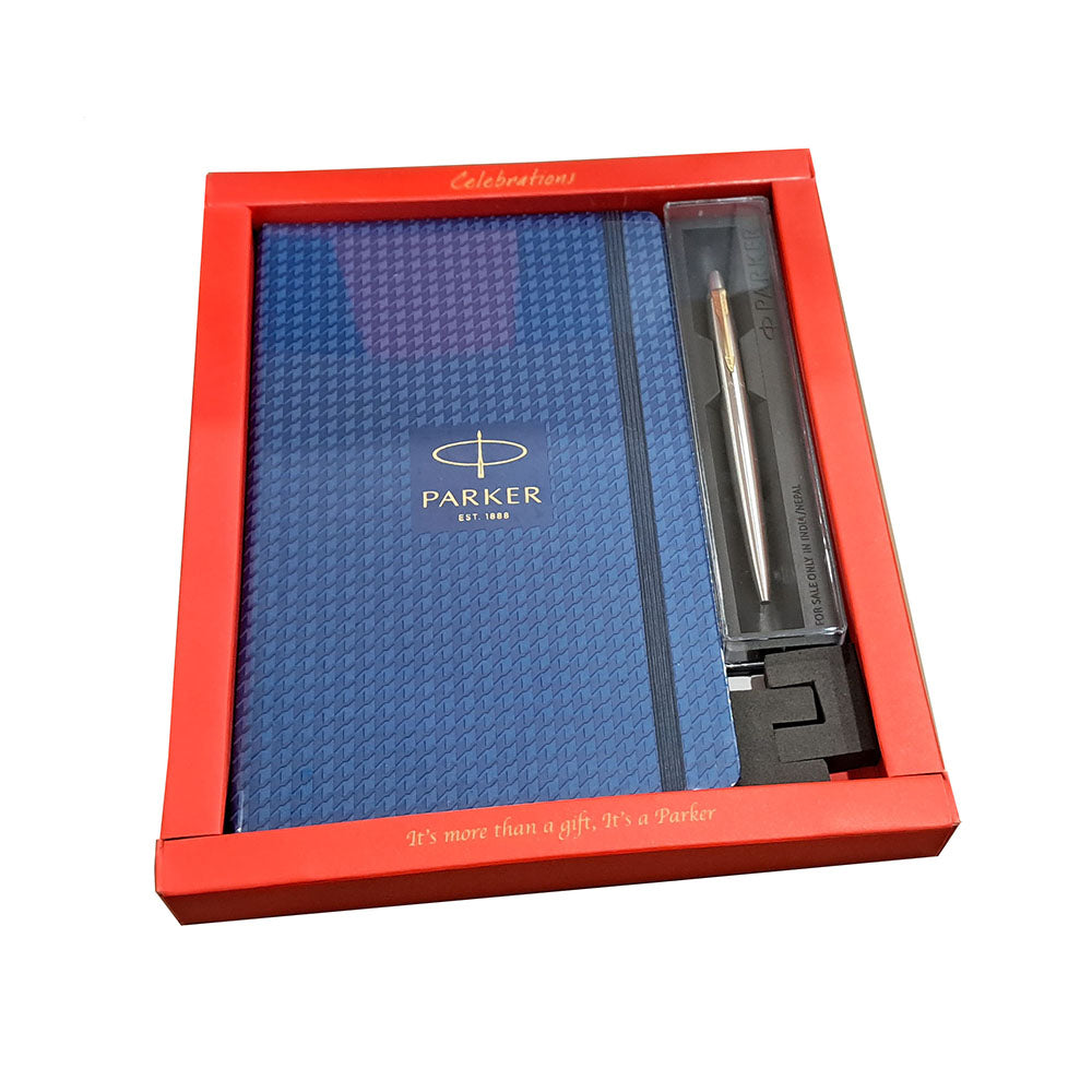 Parker Jotter Stainless Steel GT Ball Pen with A5 Blue Houndstooth Print Notebook
