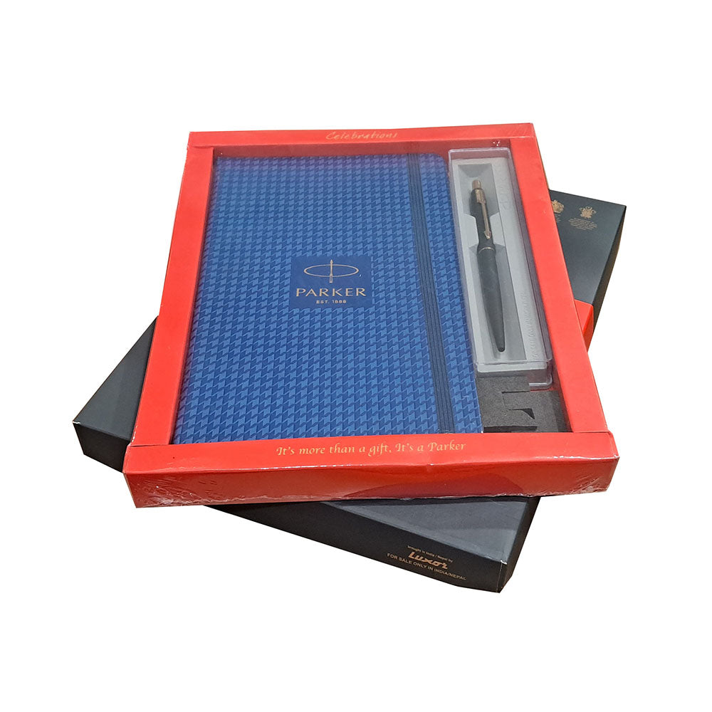 Parker Classic Matte Black GT Ball Pen with A5 Blue Houndstooth Print Notebook