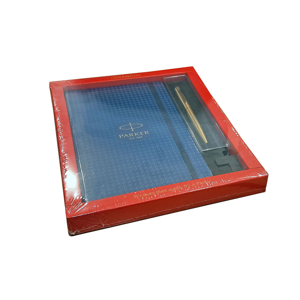 Parker Galaxy Gold Ball Pen with A5 Blue Houndstooth Print Notebook