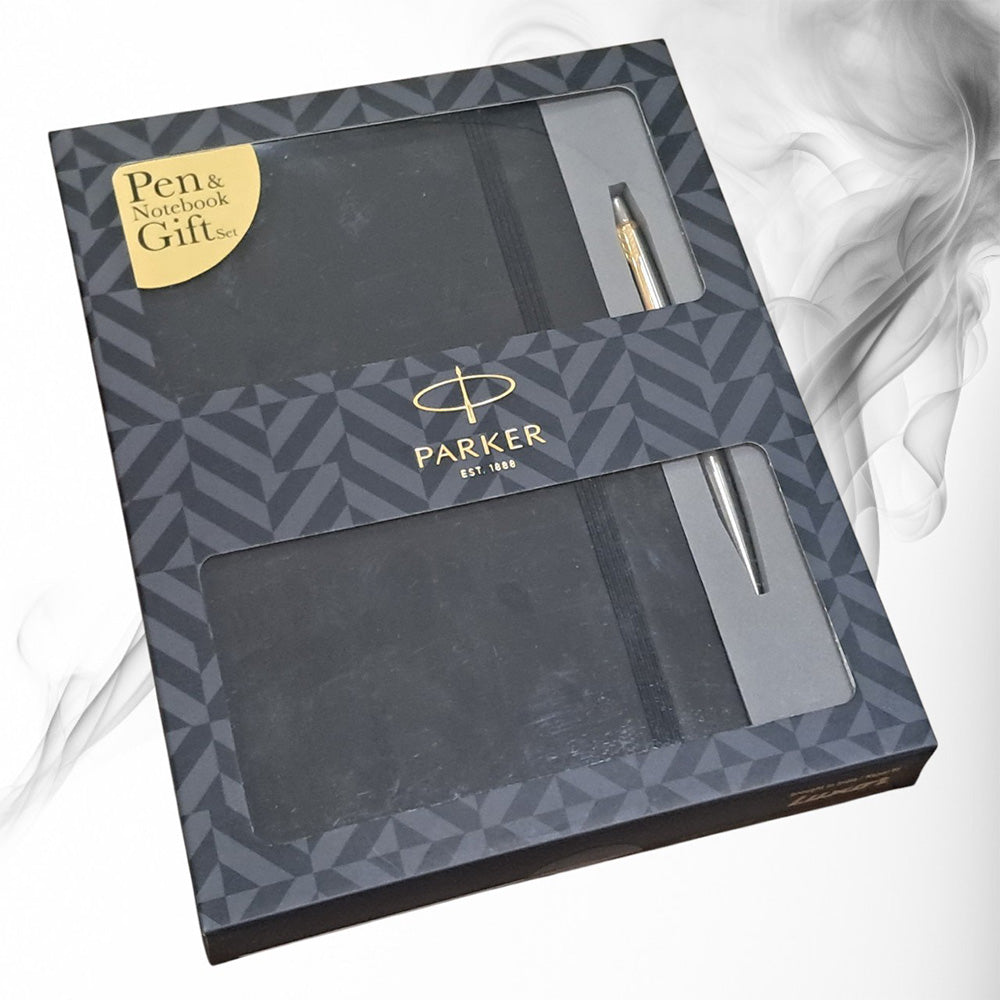 Parker Jotter Stainless Steel Gold Trim Ball Pen + Parker Notebook