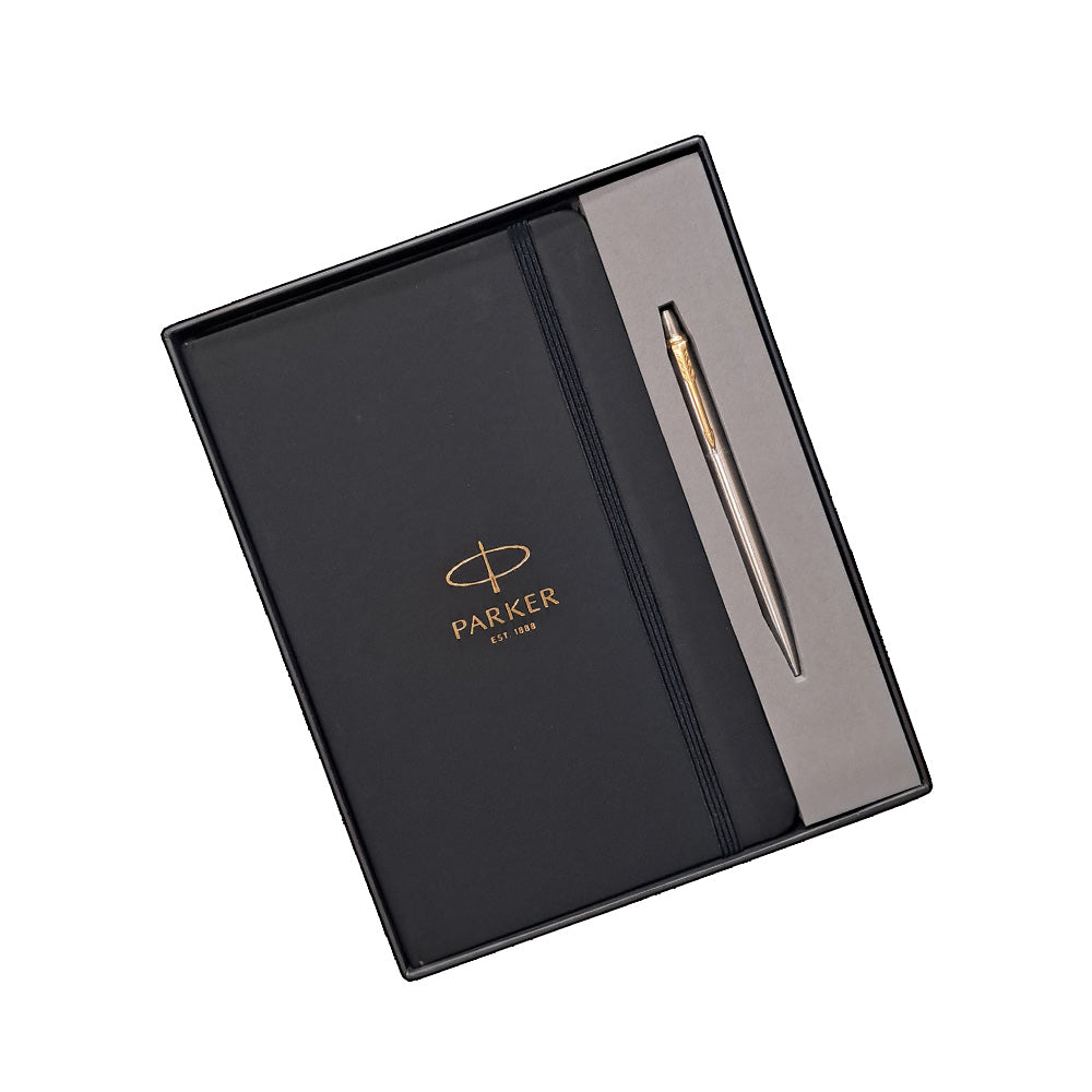 Parker Jotter Stainless Steel Gold Trim Ball Pen + Parker Notebook