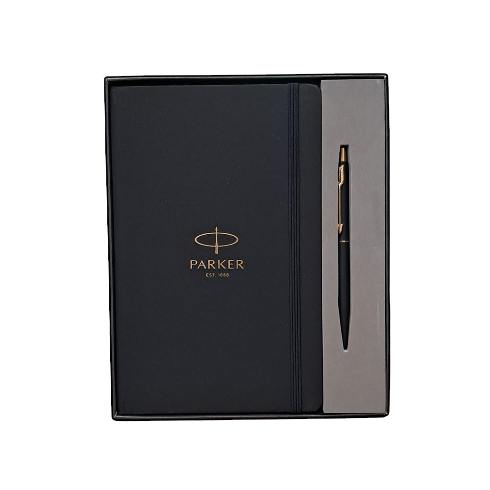Parker Classic Matte Black with Gold Trim Ball Pen + Parker Notebook
