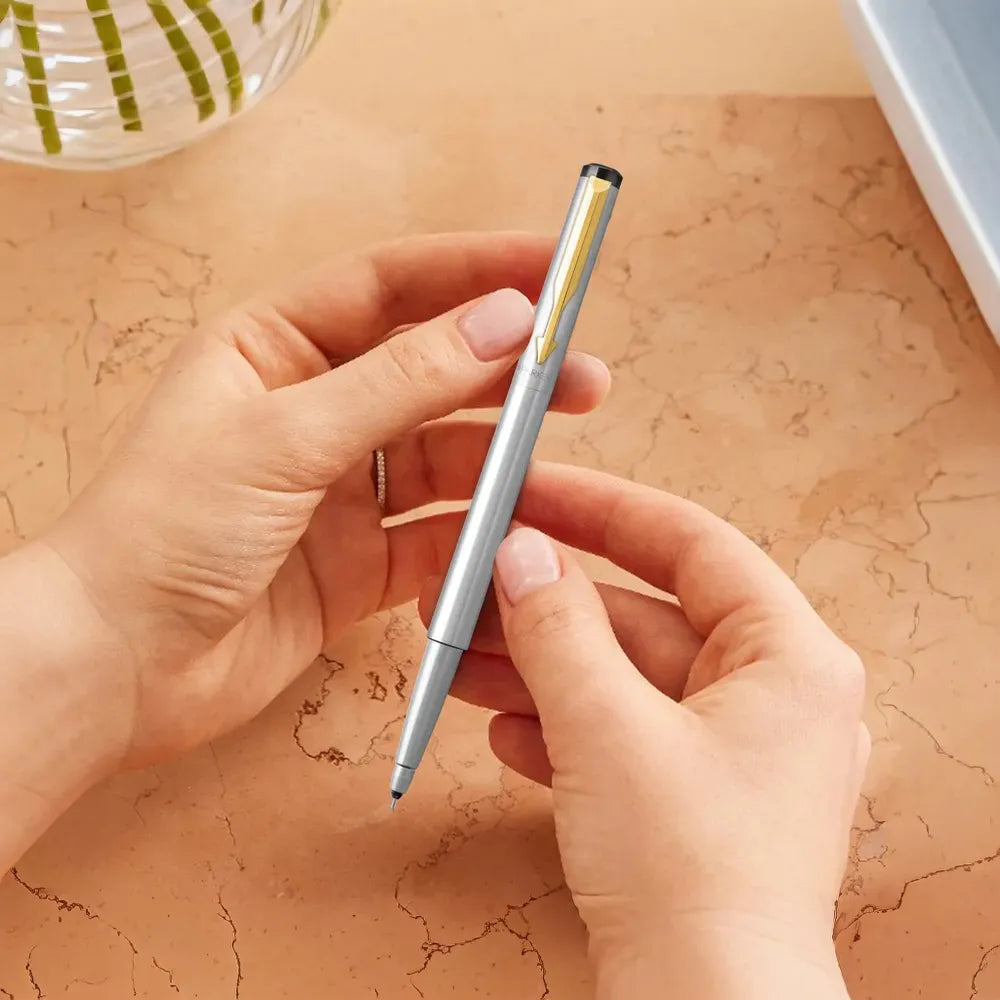 Parker Vector Stainless Steel Gold Trim Rollerball Pen + Pop Up Card Holder