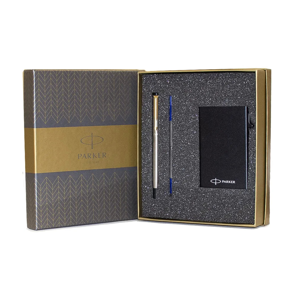 Parker Vector Stainless Steel Gold Trim Rollerball Pen + Pop Up Card Holder