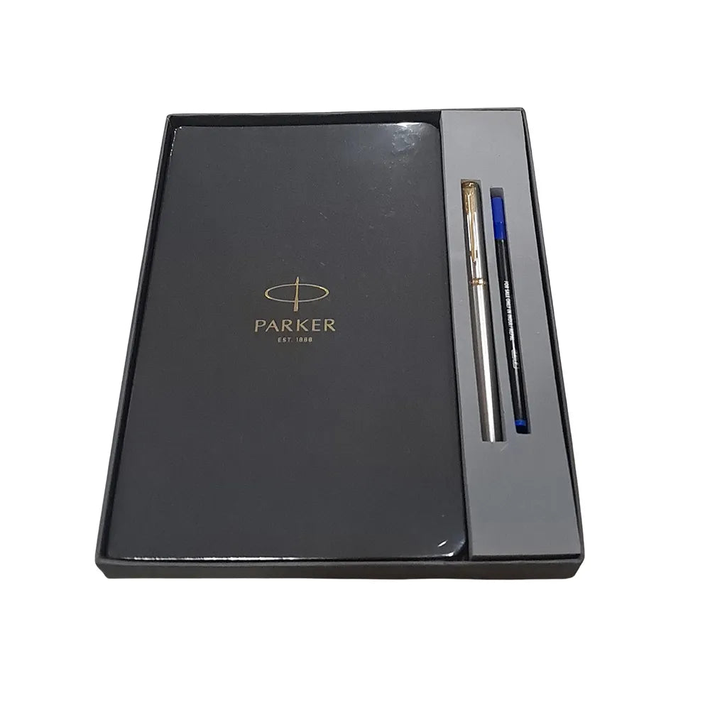 Parker Folio Stainless Steel Gold Trim Roller Ball Pen with a very slim & attractive design comes with German Ink technology which gives smooth handwriting. It feels very Premium & smooth in hand. Finish: Stainless Steel Finish Smooth stainless steel cap and barrel with Gold trim clip. Pen Opening Mechanism: Cap on/ cap off Refillable Refill 1N Black Notebook inside the pack Attractive Packing for Gift.