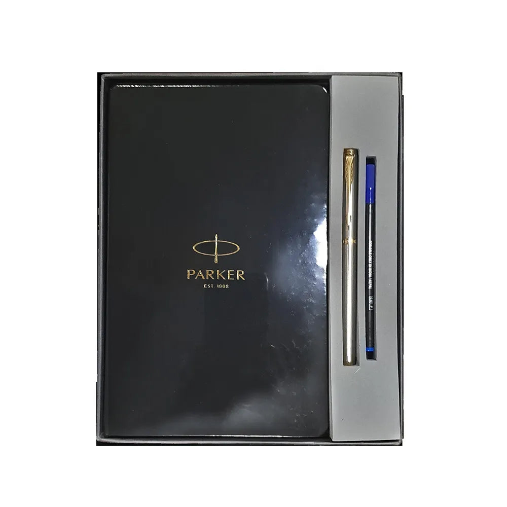 Parker Folio Stainless Steel Gold Trim Roller Ball Pen with a very slim & attractive design comes with German Ink technology which gives smooth handwriting. It feels very Premium & smooth in hand. Finish: Stainless Steel Finish Smooth stainless steel cap and barrel with Gold trim clip. Pen Opening Mechanism: Cap on/ cap off Refillable Refill 1N Black Notebook inside the pack Attractive Packing for Gift.