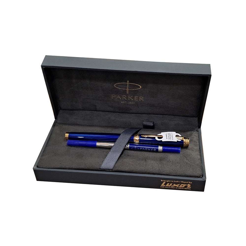Parker Ambient Blue Gold Trim Rollerball Pen All-Over Blue Lacquered Cap And Barrel With Brushed Metal Grip, Highlighted By Gold Plated Trim. Cap On/Cap Off Supplied With Standard/Ultra Fine Navigator Roller Ball Refill. Finish: Blue Lacquered Trim : Gold Plated Trim Body Material: Powder Coating Stainless Steel Closure : Cap On/off Ink Colour : Blue Nib Features: Ultra Fine Navigator Attractive Packing for Gift.