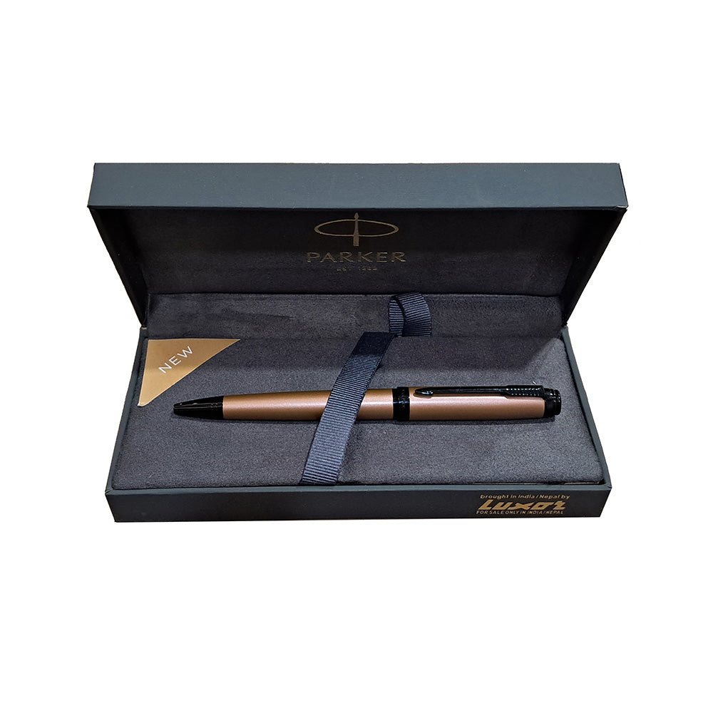 Parker Ambient Rose Gold BMT Ball Pen All-Over Rose Gold Lacquered Cap And Barrel With Black Metal Grip, Highlighted By Black Metal Plated Trim. Twist Mechanism, Fitted With Standard Ball Point Refill. Colour - Rose Gold with Black Metal Plated Trim Body : Rose Gold Lacquered Barrel with Black Metal Grip Solid Body Type Nib Grade - Ball Point Mechanism - Twist Action