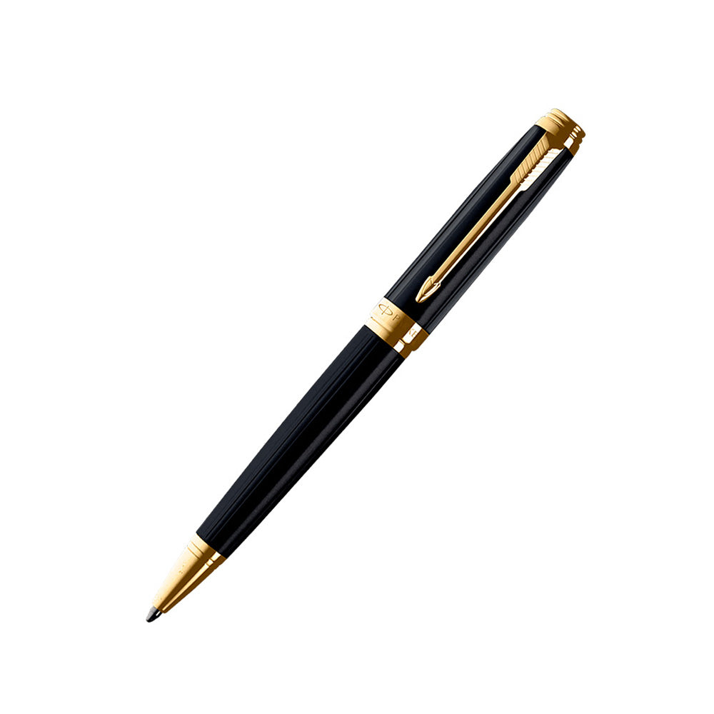 Parker Ambient Laque Black GT Ballpoint Pen All-Over Black Lacquered Cap And Barrel With Brushed Metal Grip, Highlighted By Gold Plated Trim. Fitted With Stainless Steel Nib. Twist Mechanism, Fitted With Standard Ballpoint Refill. Colour – Black with Gold Plated Trim Body : Black Lacquered Barrel with Brushed Metal Grip Solid Body Type Nib Grade – Ballpoint Mechanism – Twist