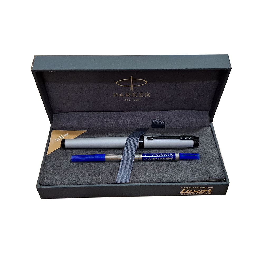 Parker Ambient Dark Grey BMT Rollerball Pen All-Over Dark Grey Lacquered Cap And Barrel With Brushed Metal Grip, Highlighted By Black Metal Plated Trim. Fitted With Stainless Steel Nib. Cap On/Cap Off Supplied With Standard/Ultra Fine Navigator Roller Ball Refill. Finish: Dark Grey Finished   Trim : Black Metal Plated Trim Body Material: Powder Coating Stainless Steel Closure : Cap on Cap off Ink Colour : Blue Nib Features: Ultra Fine Navigator Attractive Packing for Gift.