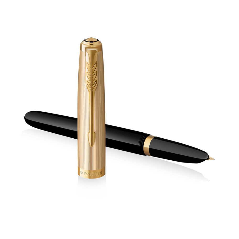 Parker 51 Deluxe Black with Gold Trim Fountain Pen – 18Kt Gold Fine Nib