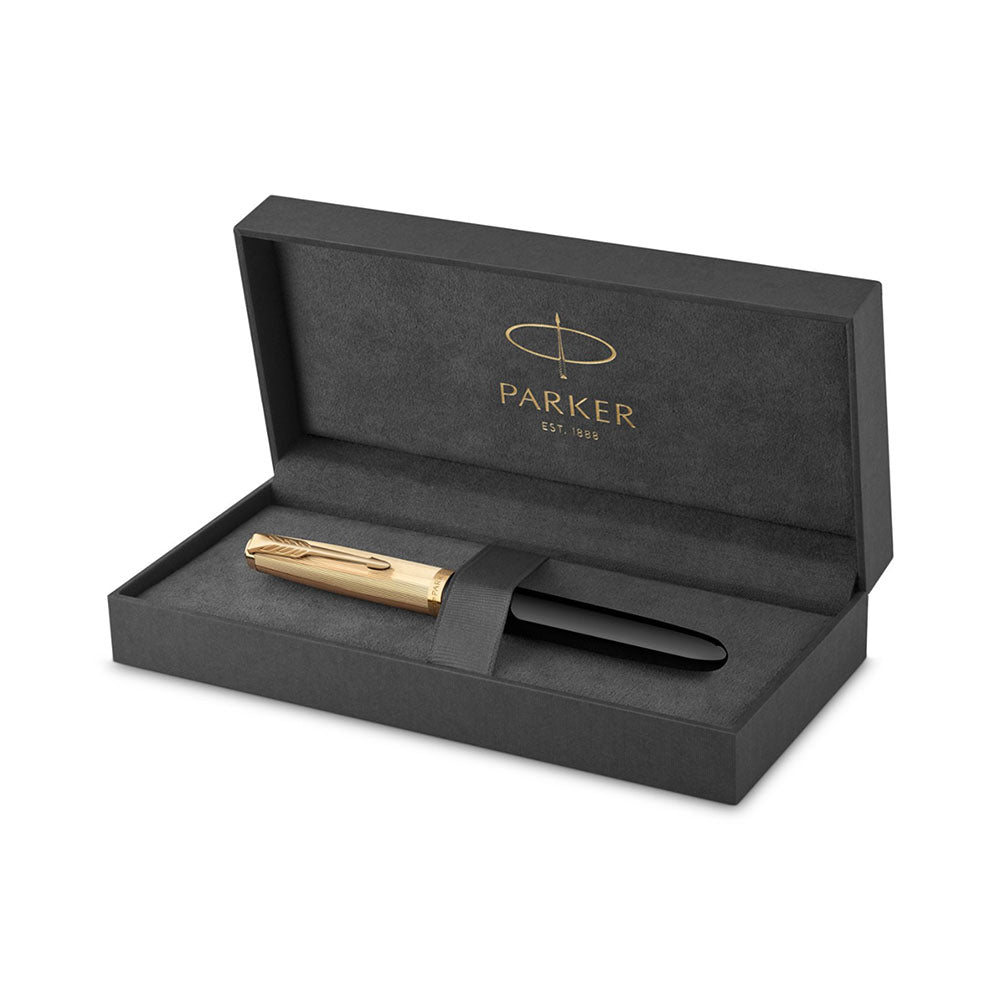 Parker 51 Deluxe Black with Gold Trim Fountain Pen – 18Kt Gold Medium Nib