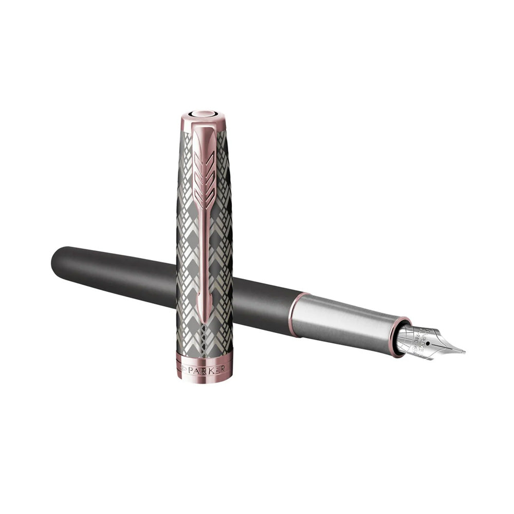 Parker Sonnet Metal & Grey Lacquer Rose Gold Trim Fountain Pen - 18Kt Gold Rhodium-Plated Fine Nib