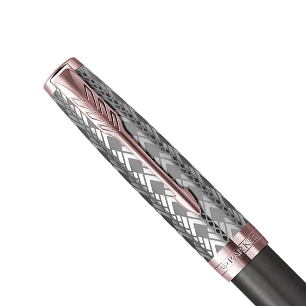 Parker Sonnet Metal & Grey Lacquer Rose Gold Trim Fountain Pen - 18Kt Gold Rhodium-Plated Fine Nib