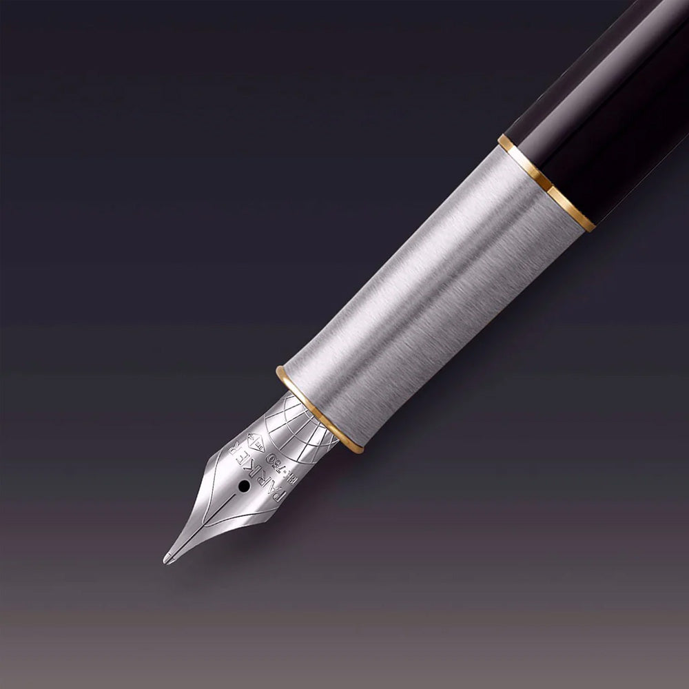 Parker Sonnet Metal & Black Lacquer Gold Trim Fountain Pen - 18Kt Gold Rhodium-Plated Fine Nib