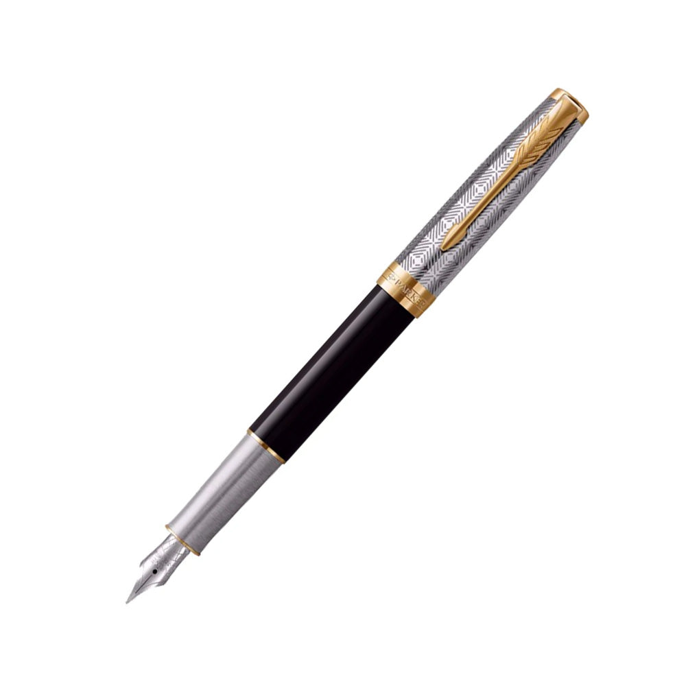 Parker Sonnet Metal & Black Lacquer Gold Trim Fountain Pen - 18Kt Gold Rhodium-Plated Fine Nib