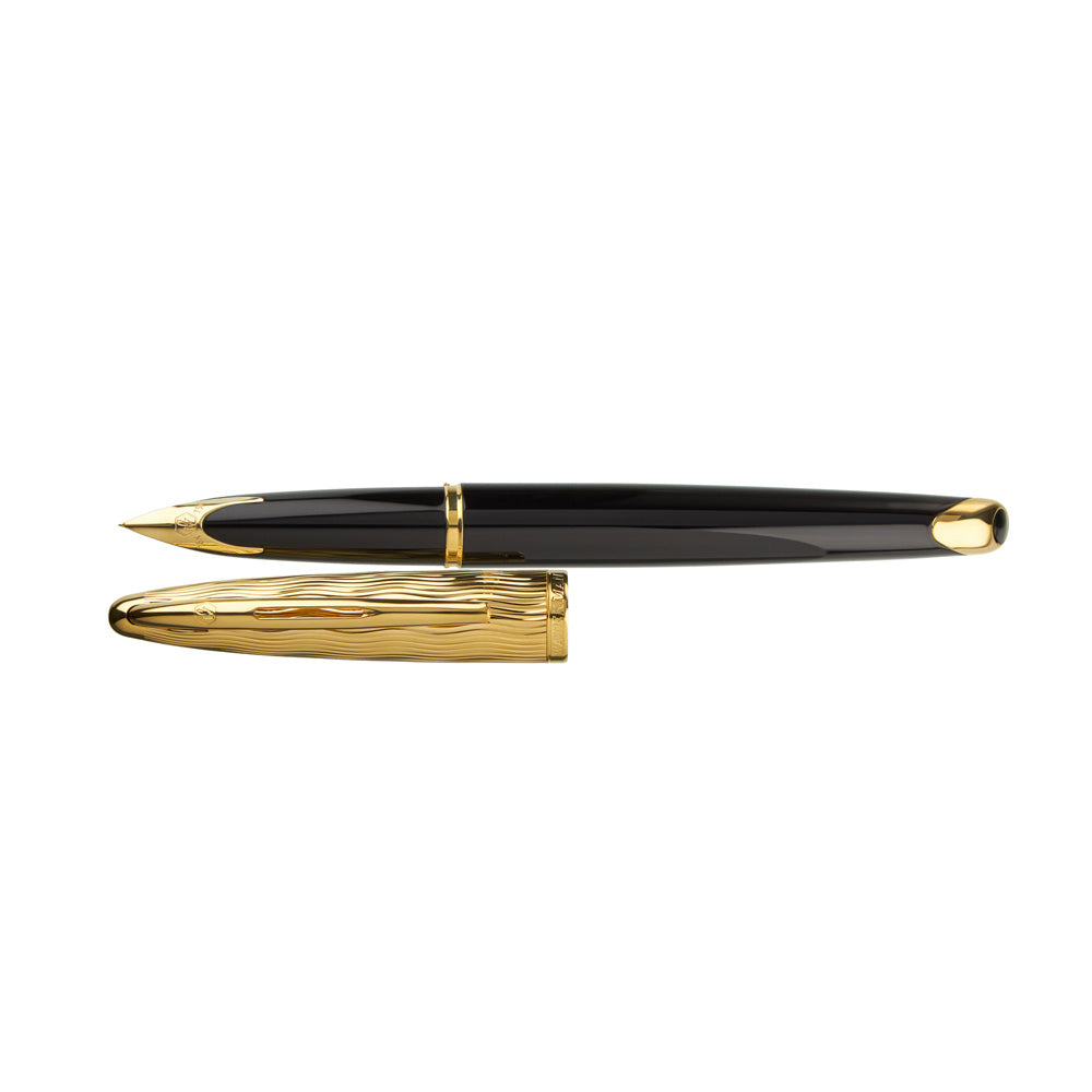 Waterman Carene Essential Black & Gold with Gold Trim Fountain Pen - 18Kt Gold Rhodium-Plated Medium Nib