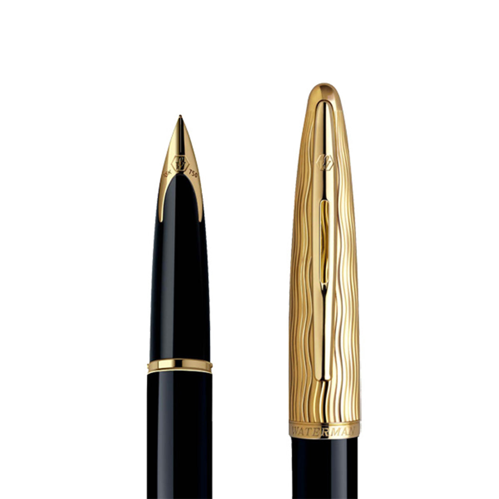 Waterman Carene Essential Black & Gold with Gold Trim Fountain Pen - 18Kt Rhodium-Plated Gold Fine Nib