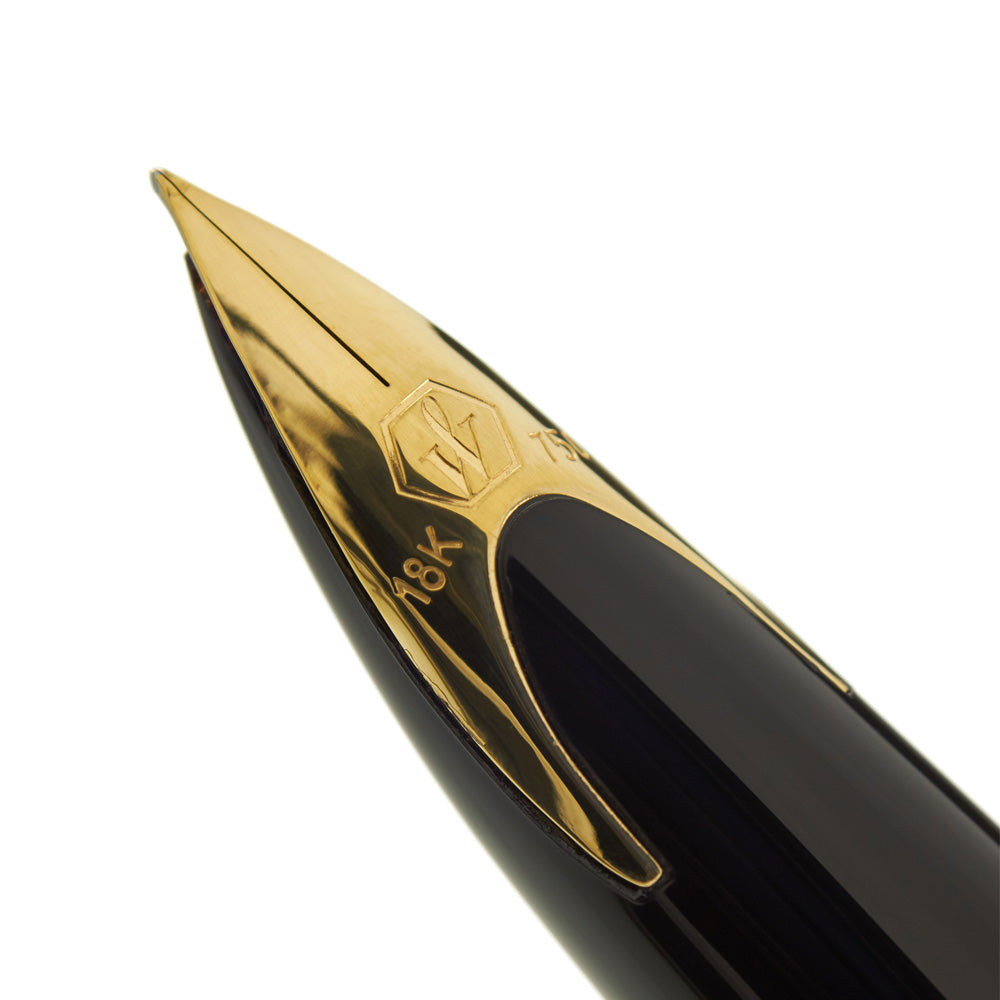 Waterman Carene Essential Black & Gold with Gold Trim Fountain Pen - 18Kt Gold Rhodium-Plated Medium Nib