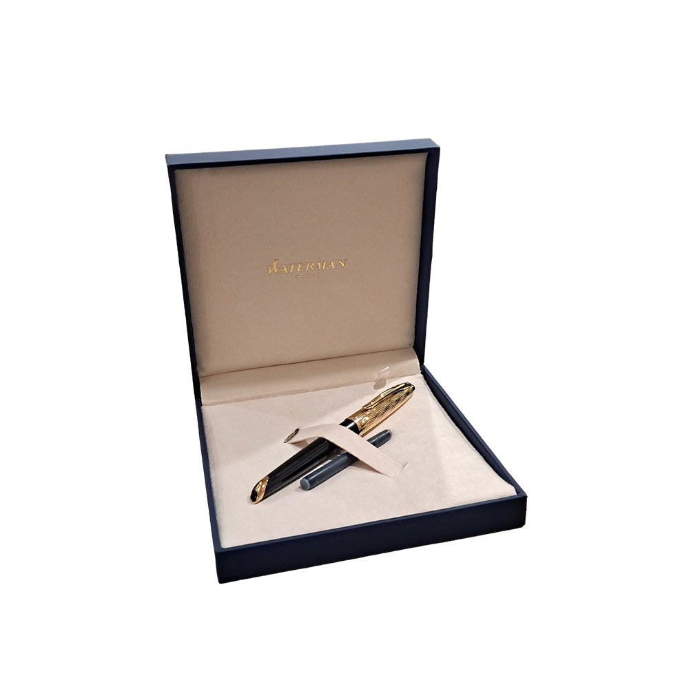Waterman Carene Essential Black & Gold with Gold Trim Fountain Pen - 18Kt Gold Rhodium-Plated Medium Nib