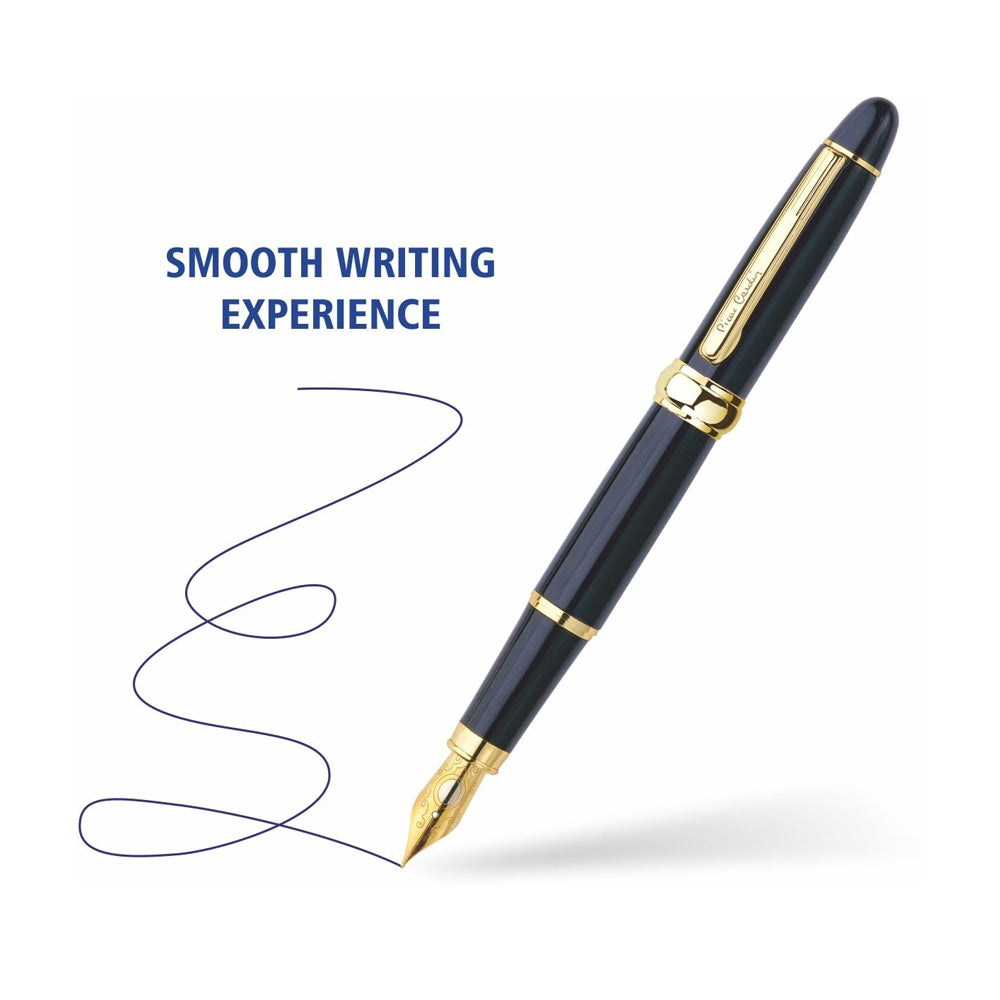 Explore the Pierre Cardin President Fountain Pen packaged in a unique plastic box, perfect for gifting or personal use. This exquisite pen set features finely crafted writing instruments housed in an elegant and durable plastic box. Glossy Black with Gold Trim Pierre Cardin President Exclusive Fountain Pen Unique Liquid Ink System Steel Nib No 1 Set of 1 President Fountain Pen + 3 Xtra Long Ink Cartridge + 1 Ink Converter Blue Ink