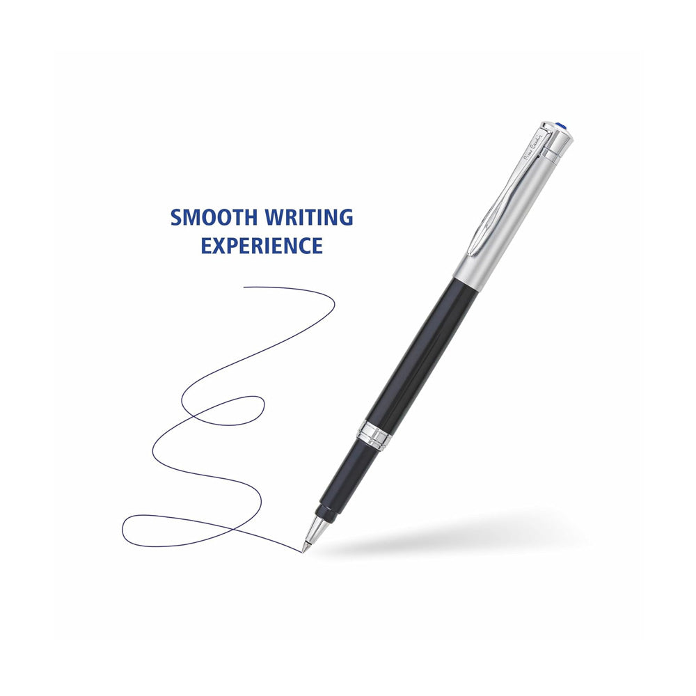 Diamond Crowned Type Designed With Royal Look One Of The Collective Models Ever Made Dance Roller Pen Is Blend Of Black Lacquer Finish And Satin Silver Components. Roller Pen Fitted With 666 Roller Refill So That Your Handwriting Will Look Neat And Legible. Black lacquer finish with Silver Trims Sleek body design  Metal body Blue Stone studded top for added beauty Snap On Roller pen fitted with 666 roller refill Blister Pack