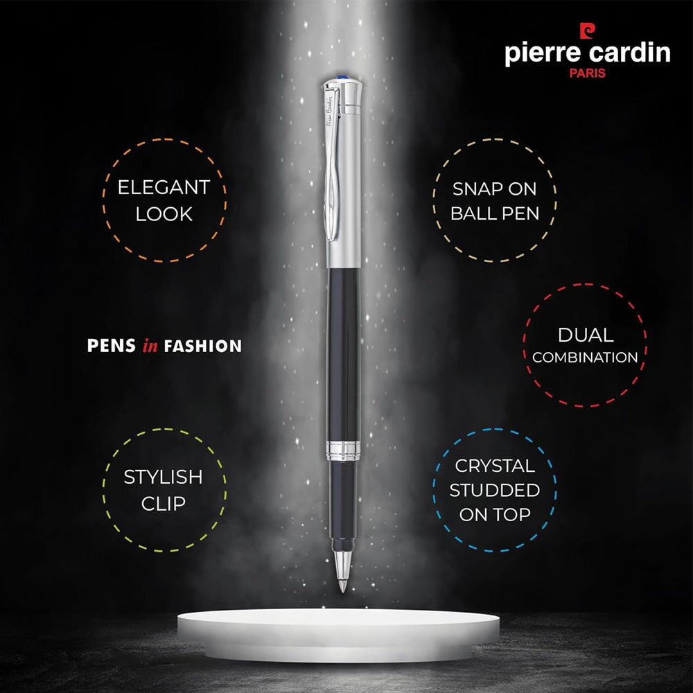 Diamond Crowned Type Designed With Royal Look One Of The Collective Models Ever Made Dance Roller Pen Is Blend Of Black Lacquer Finish And Satin Silver Components. Roller Pen Fitted With 666 Roller Refill So That Your Handwriting Will Look Neat And Legible. Black lacquer finish with Silver Trims Sleek body design  Metal body Blue Stone studded top for added beauty Snap On Roller pen fitted with 666 roller refill Blister Pack