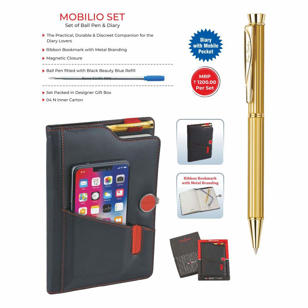 Pierre Cardin Mobilio Set of Exclusive Gold Ball Pen + Black Diary