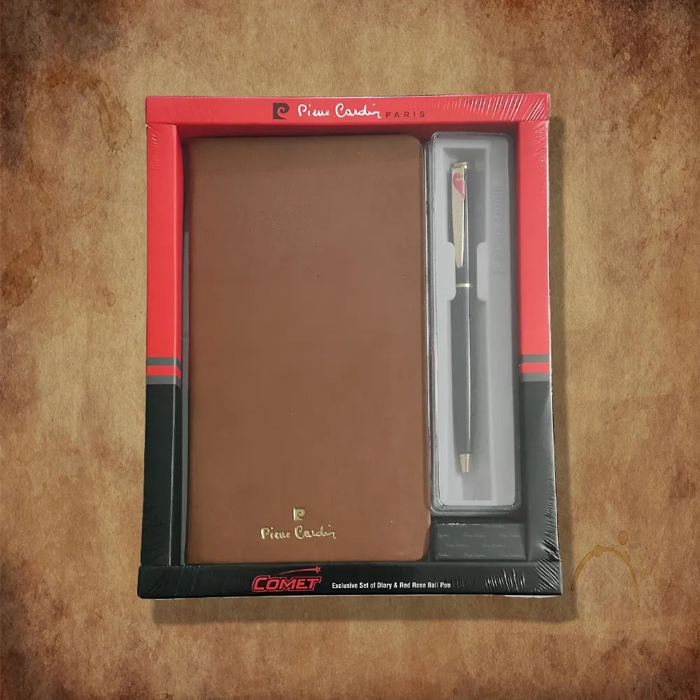 Pierre Cardin Comet Red Rose Set Exclusive Black GT Ball Pen + Brown Diary