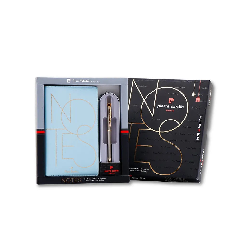 Pierre Cardin Notes Set of Notes Blue Notebook Organizer and Royale Titanium Ball Pen