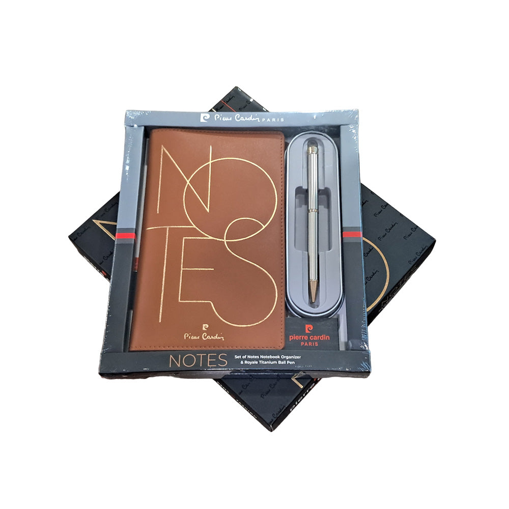 Pierre Cardin Gift Set Brown Notebook Organizer and Royale Titanium Ball Pen