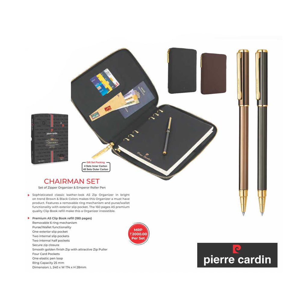 Pierre Cardin Chairman Set Brown Zipper Organizer with Emperor Rollerball Pen
