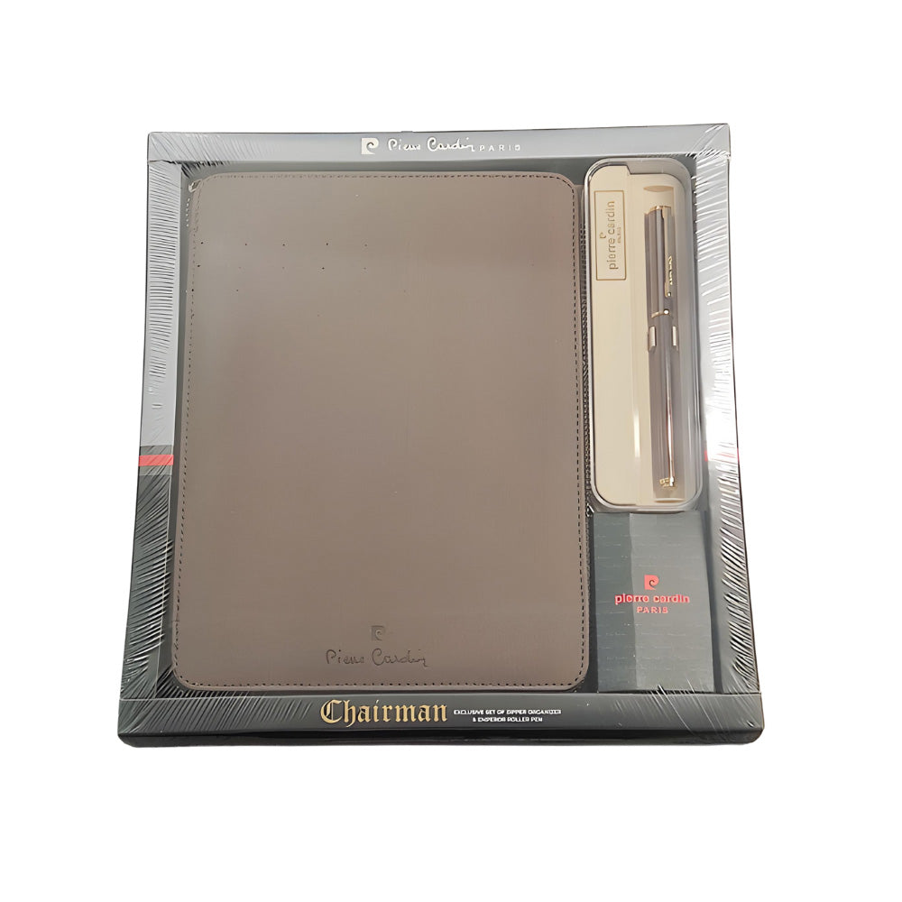 Pierre Cardin Chairman Set Tan Zipper Organizer with Emperor Rollerball Pen