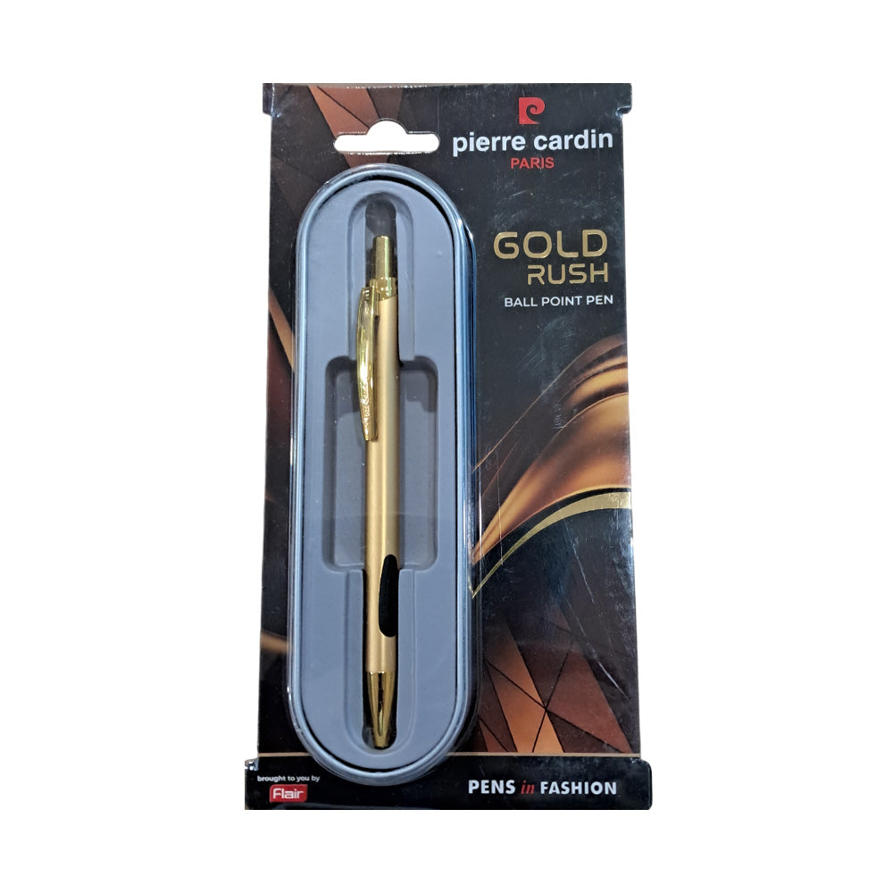 The Pierre Cardin Gold Rush Ballpoint Pen stands out for its elegance and functionality. Made of high-quality metal, it has gold-plated details that enhance its sophisticated design. It provides smooth writing, offering a unique experience. Ideal for those who appreciate luxury and efficiency, the Gold Rush is more than a pen—it is a statement of style and good taste. Light Gold Body With Black Holding Dots Gold Clip Jumbo Metal Refill Fine Tip Retractable  Button Click Mechanism Blister Gift Box