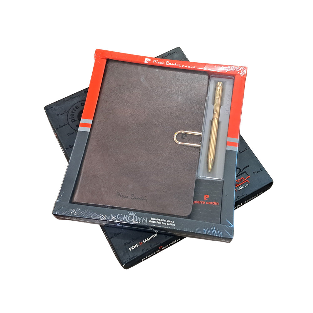 Pierre Cardin Crown Exclusive Set of Dark Brown Diary & Royale Satin Gold Ball Pen