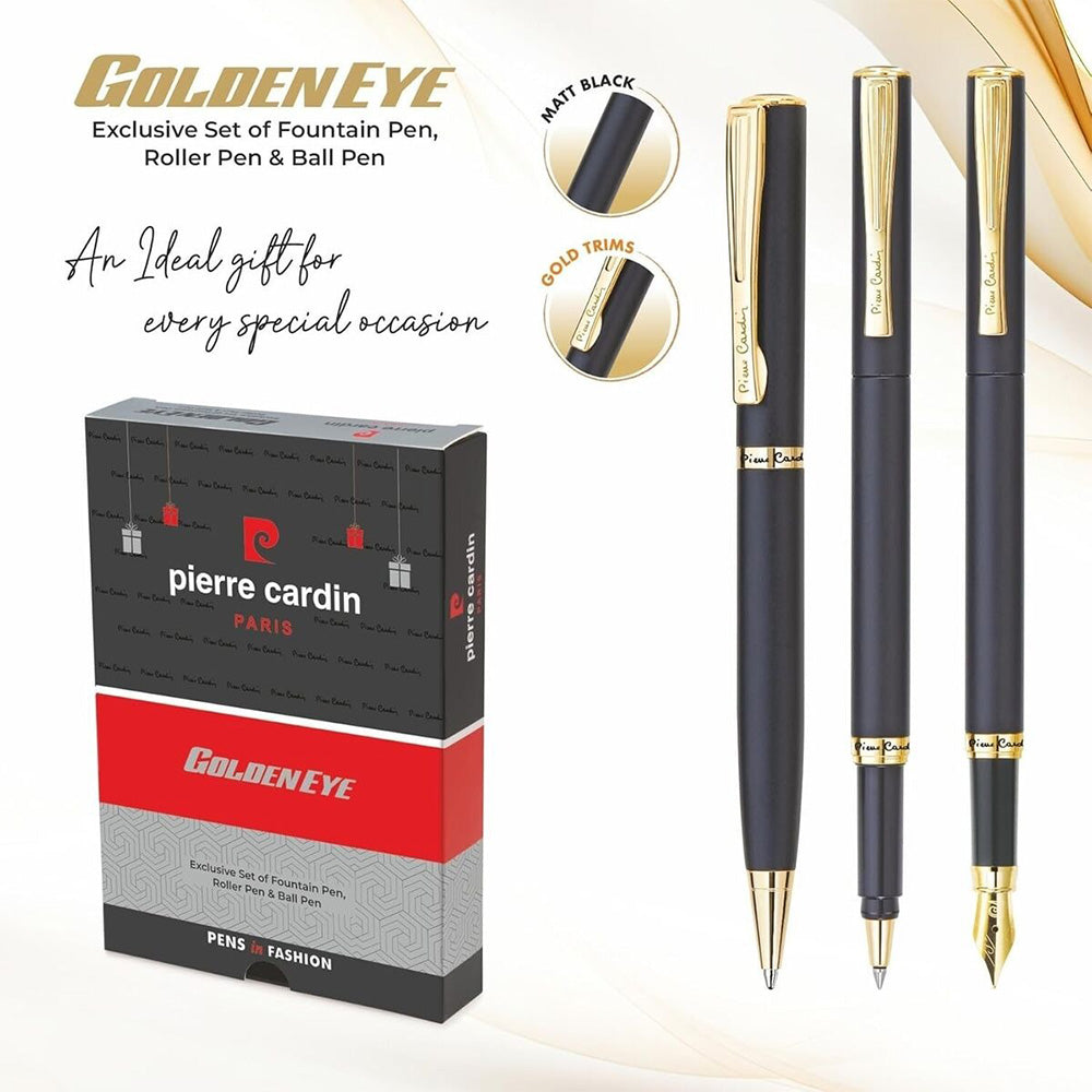 Pierre Cardin Golden Eye Exclusive Set of Matte Black Fountain Pen + Rollerball Pen & Ball Pen