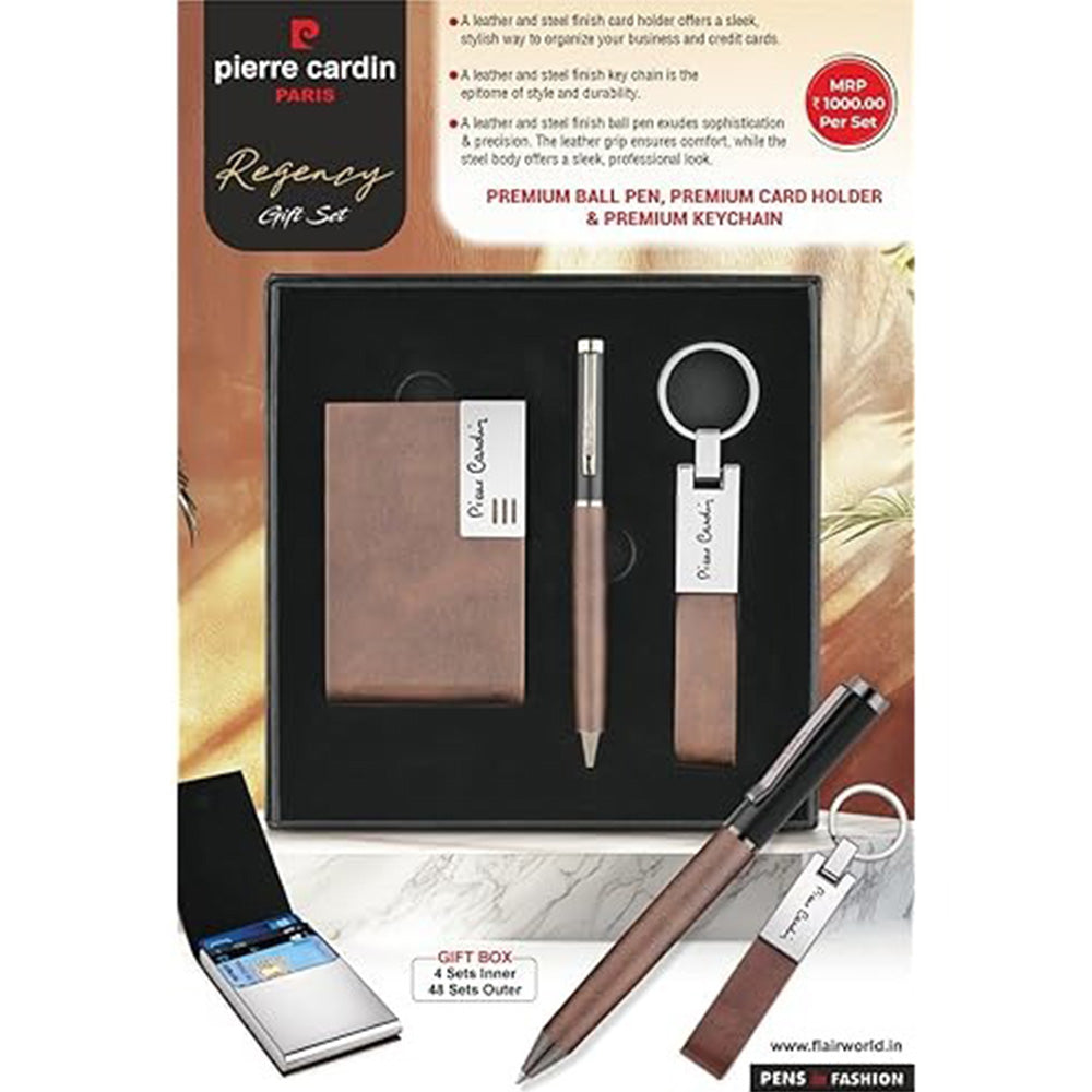 Pierre Cardin Regency Brown Premium Ball Pen Gift Set with Card Holder & Premium Keychain