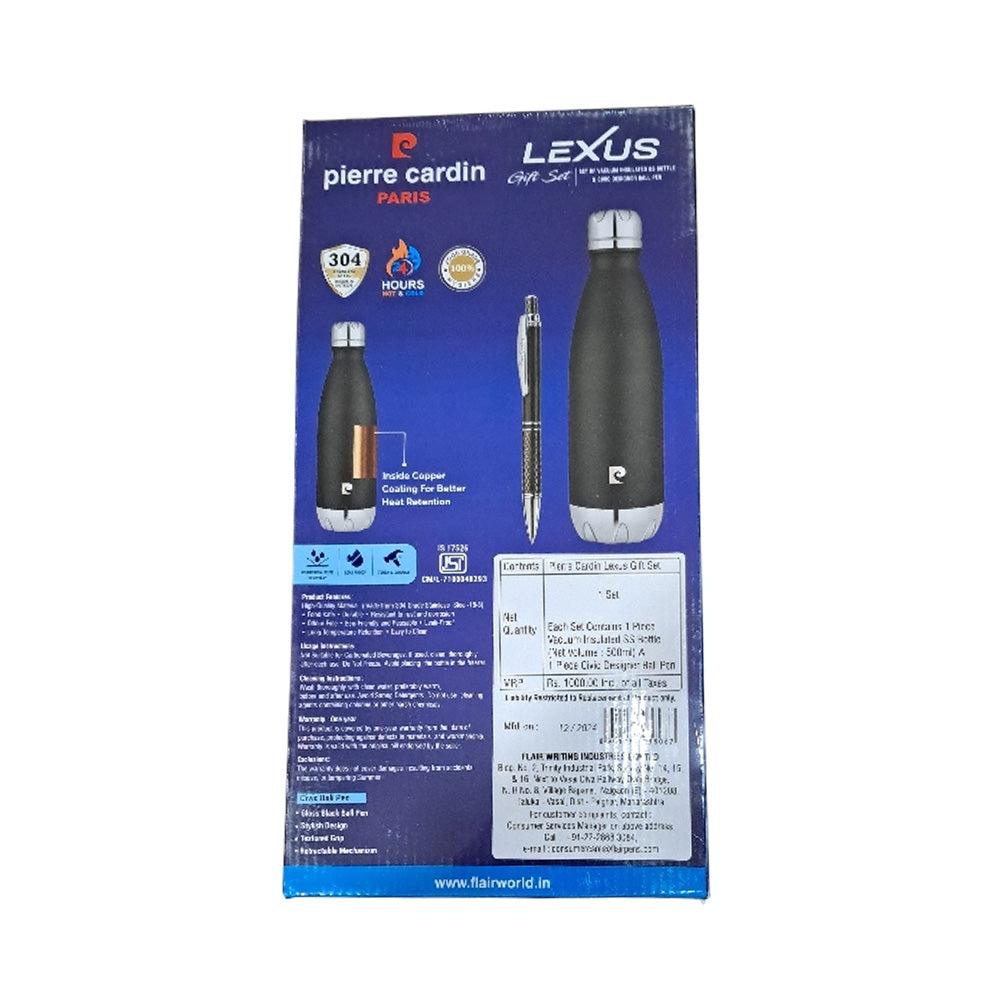 Pierre Cardin Lexus Gift Set Vacuum Insulated Black Stainless Steel Bottle & Civic Designer Black CT Ball Pen