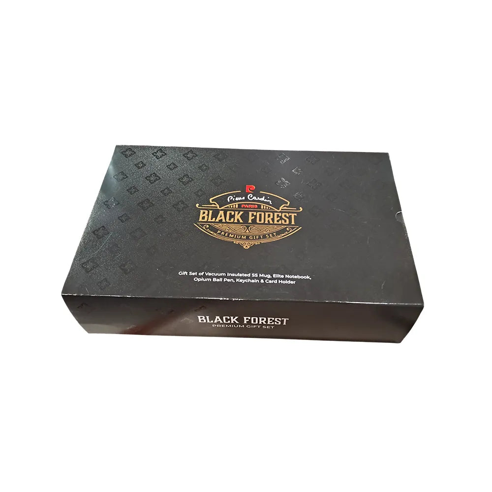 Pierre Cardin Black Forest Premium Gift Set of Vacuum Insulated SS Mug+Elite Notebook+Opium Ball Pen+Keychain & Card Holder